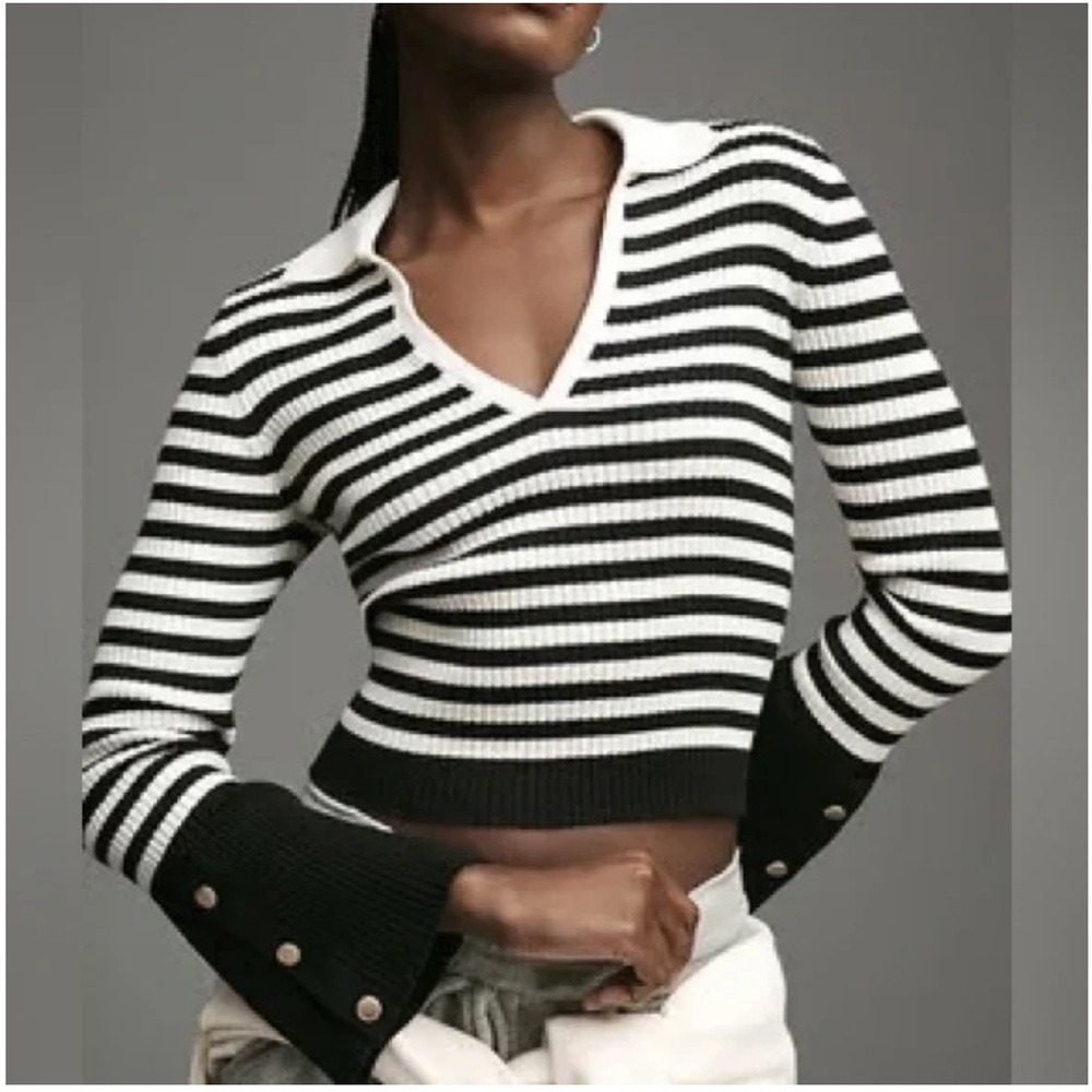 Anthropologie Maeve Striped Bell Sleeve Polo Sweater Blue White Coastal Knit XS